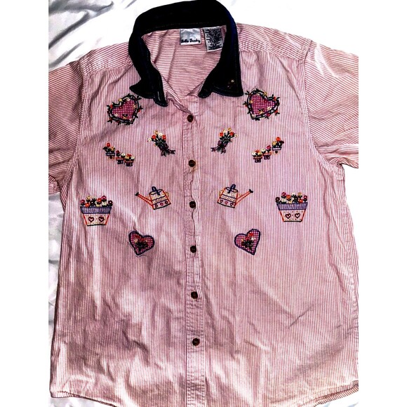 Vintage Women's Bobbie Brooks Floral Embroidered Shirt Denim Collar Large Pink - Picture 2 of 5